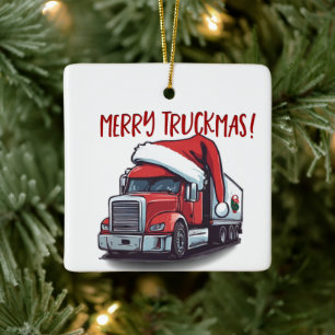 Funny Christmas Semi Transport Truck Truckmas Ceramic Ornament