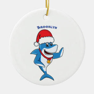 Funny Christmas shark cartoon illustration Ceramic Ornament
