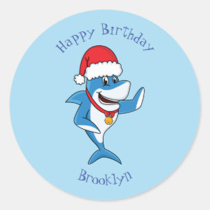 Funny Christmas shark cartoon illustration Classic Round Sticker