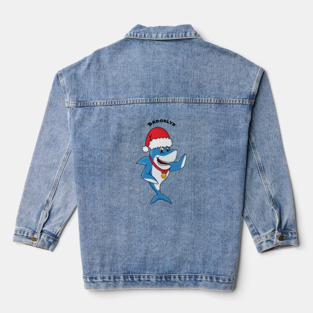 Funny Christmas shark cartoon illustration Denim Jacket (Back)