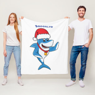 Funny Christmas shark cartoon illustration Fleece Blanket