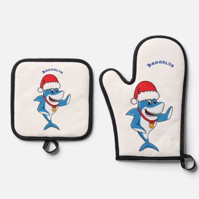 Funny Christmas shark cartoon illustration Oven Mitt & Pot Holder Set (Front)