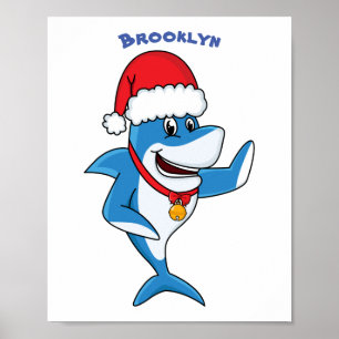 Funny Christmas shark cartoon illustration Poster