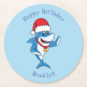 Funny Christmas shark cartoon illustration Round Paper Coaster