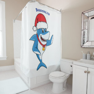 Funny Christmas shark cartoon illustration Shower Curtain