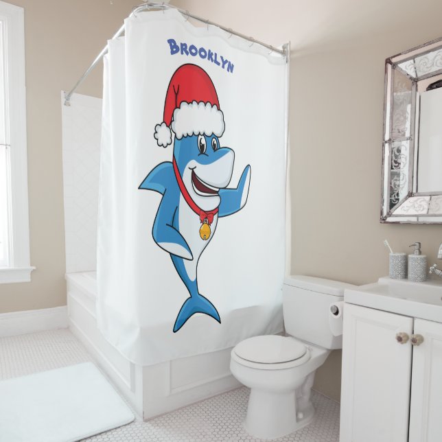 Funny Christmas shark cartoon illustration Shower Curtain (In Situ)