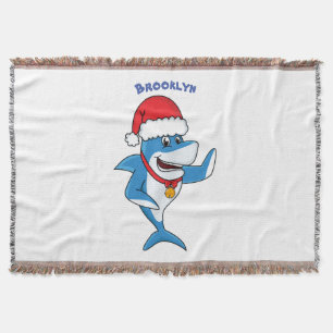 Funny Christmas shark cartoon illustration Throw Blanket