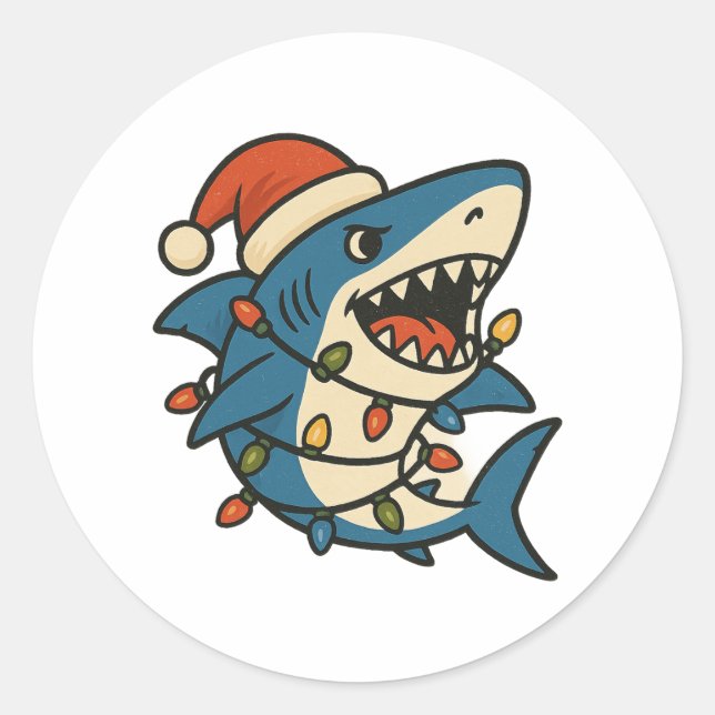 Funny Christmas Shark Santa Hat Classic Round Sticker (Front)