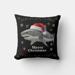 Funny Christmas Shark Santa Hat Realistic Holiday Cushion