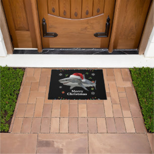 Funny Christmas Shark Santa Hat Realistic Holiday Doormat