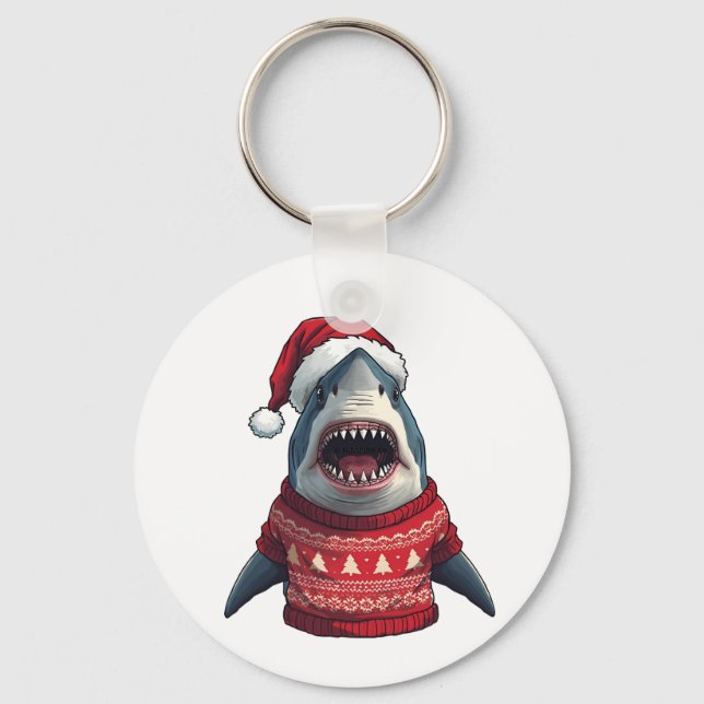 Funny Christmas Shark Ugly Sweater T-Shirt  Key Ring (Front)