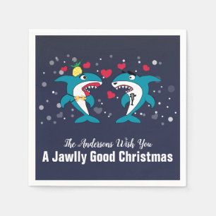 Funny Christmas Sharks Family Name Navy Napkin