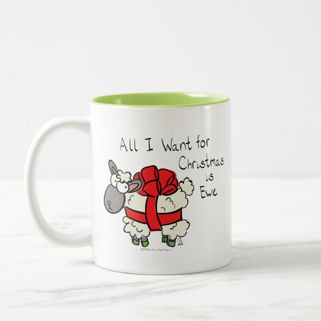 Funny Christmas Sheep Cartoon Two-Tone Coffee Mug (Left)