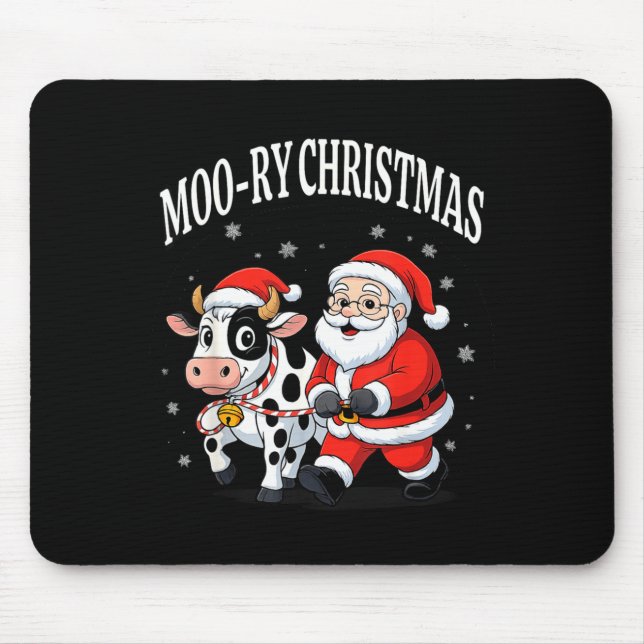 Funny Christmas Shirts - Cow Moo-ry Xmas Santa  Mouse Pad (Front)