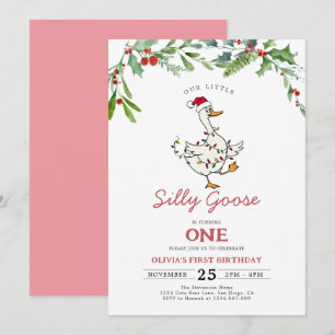 Funny Christmas Silly Goose Berries 1st Birthday Invitation