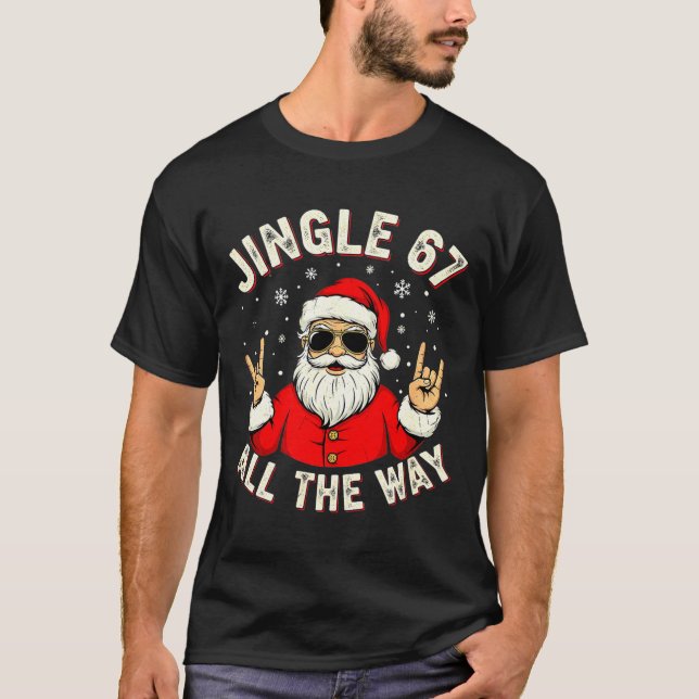 Funny Christmas Six Seven Santa Rock N' Roll Hands T-Shirt (Front)