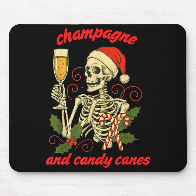 Funny Christmas Skeleton Champagne And Candy Canes Mouse Pad (Front)