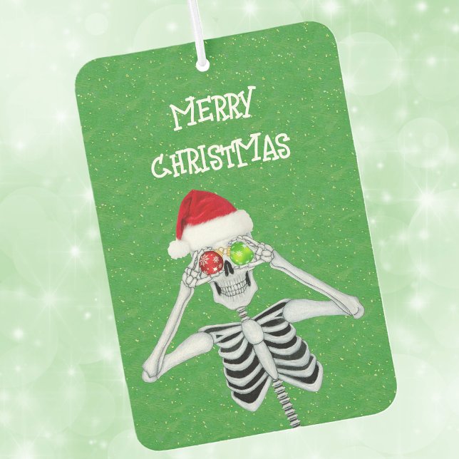 Funny Christmas Skeleton Ornament Eyeballs Green Car Air Freshener (Funny Skeleton with shiny ornament eyeballs Santa hat on Christmas green car air freshener.)