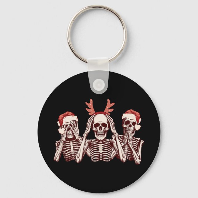 Funny Christmas Skeleton See Hear Speak No Evil  Key Ring (Front)