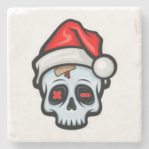 Funny Christmas Skull, Cartoon Style Stone Coaster