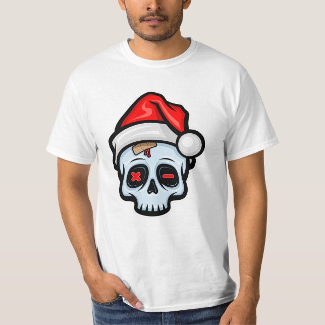 Funny Christmas Skull, Cartoon Style T-Shirt (Front)