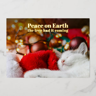 Funny Christmas Sleeping Cat Peace on Earth Foil Holiday Card