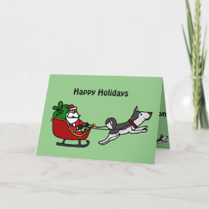 Funny Christmas Sleigh with Husky Dog Pulling Holiday Card