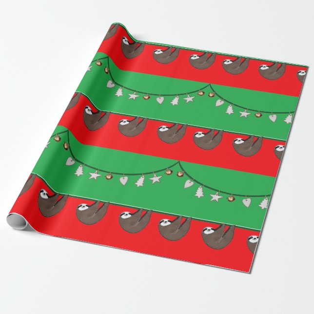 Funny Christmas Sloth Wrapping Paper (Unrolled)