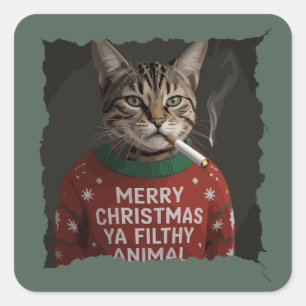 Funny Christmas Smoking Cat Sarcastic Holiday Meme Square Sticker