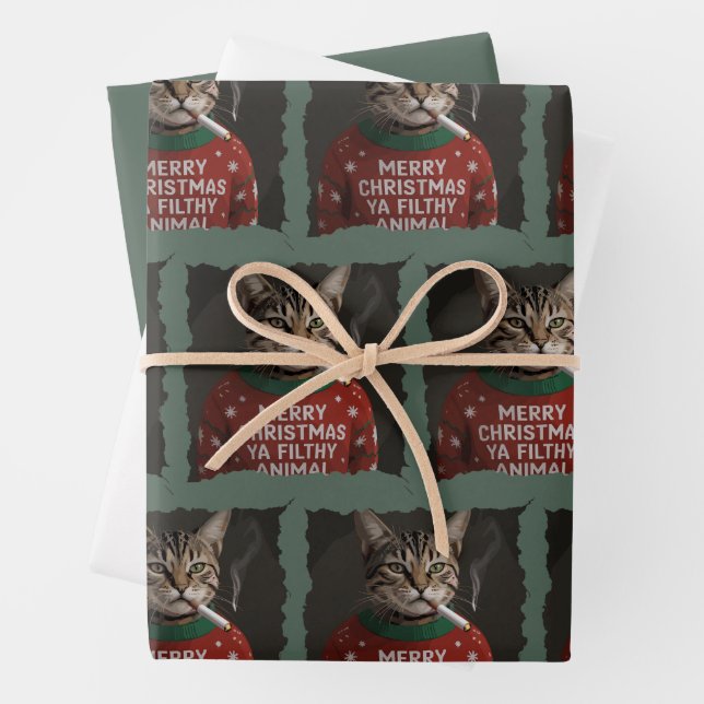 Funny Christmas Smoking Cat Sarcastic Holiday Meme Wrapping Paper Sheet (In situ)