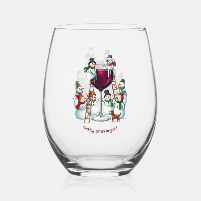 Funny Christmas snowman Holiday  Stemless Wine Glass (Front)