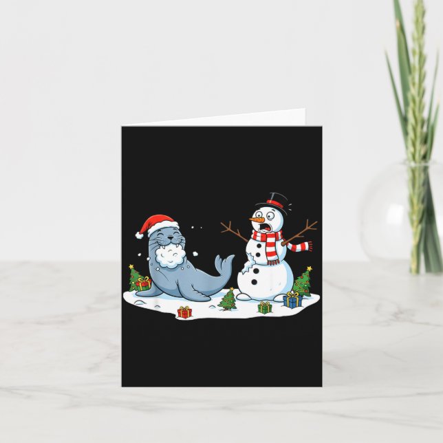 Funny Christmas Snowman Sea Lion Xmas Mens Womens  Card (Front)