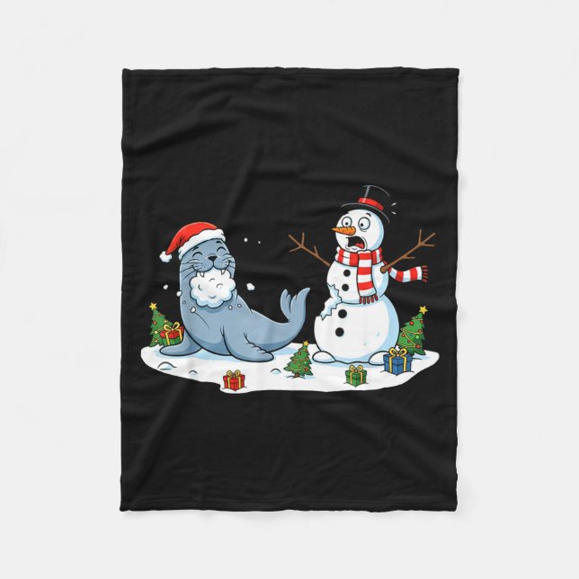 Funny Christmas Snowman Sea Lion Xmas Mens Womens  Fleece Blanket (Front)