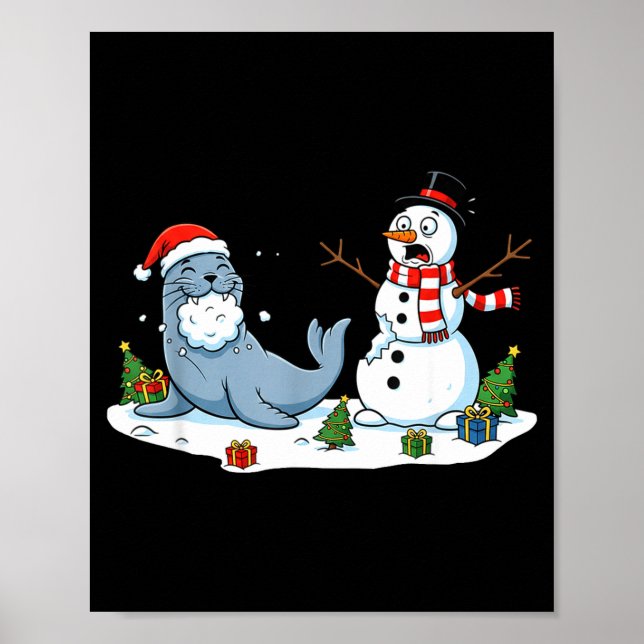 Funny Christmas Snowman Sea Lion Xmas Mens Womens  Poster (Front)