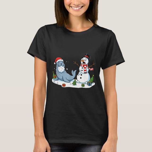 Funny Christmas Snowman Sea Lion Xmas Mens Womens  T-Shirt (Front)