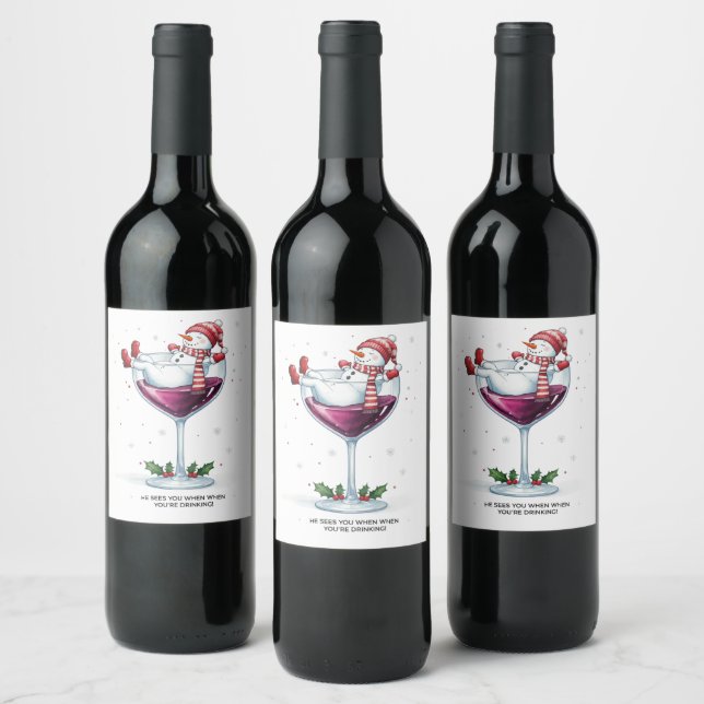 Funny Christmas snowman sees you drinking party Wine Label (Bottles)