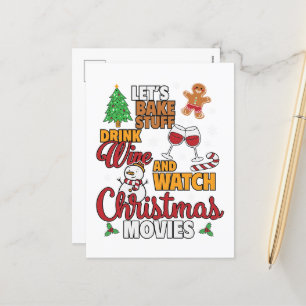 Funny Christmas snowman wine Movie baking Holiday Postcard