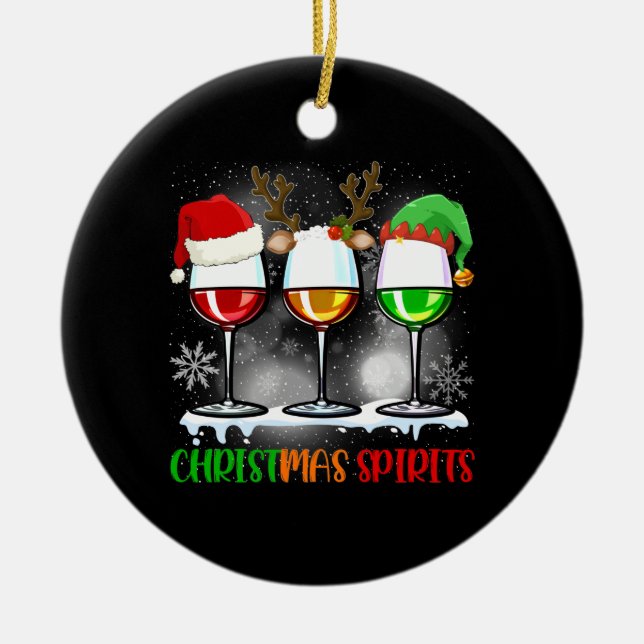 Funny Christmas Spirits Glasses Of Wine Xmas Ceramic Ornament (Front)