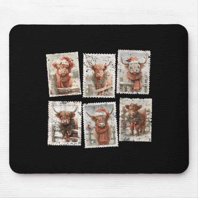 Funny Christmas Stamp Highland Cow Lover Merry Xma Mouse Pad (Front)