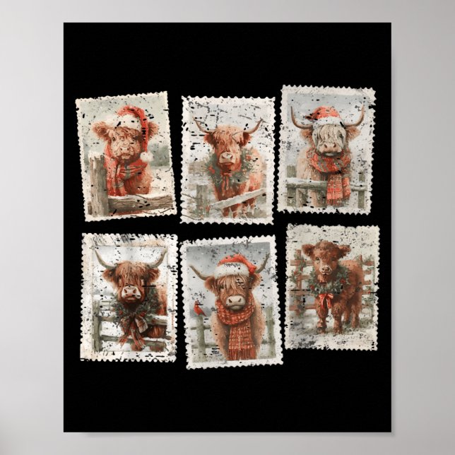 Funny Christmas Stamp Highland Cow Lover Merry Xma Poster (Front)