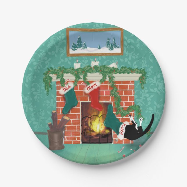 funny Christmas stocking cat Paper Plate (Front)