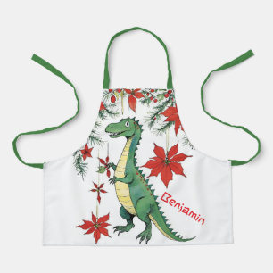 Funny Christmas T-Rex Dinosaur & Poinsettias Apron