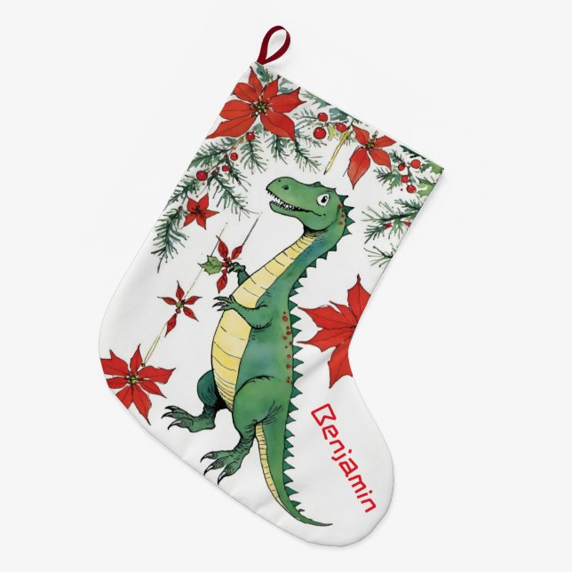 Funny Christmas T-Rex Dinosaur & Poinsettias Large Christmas Stocking (Front (Hanging))