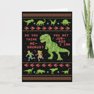 Funny Christmas T Rex Dinosaur Pun Humor Faux Knit Card