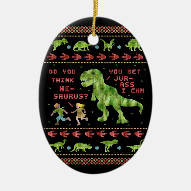 Funny Christmas T Rex Dinosaur Pun Humour Faux Ceramic Ornament (Front)
