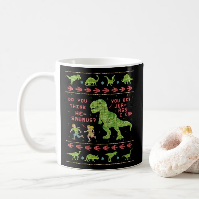 Funny Christmas T Rex Dinosaur Pun Humour Faux Coffee Mug (With Donut)