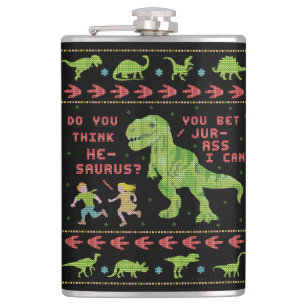 Funny Christmas T Rex Dinosaur Pun Humour Faux Hip Flask