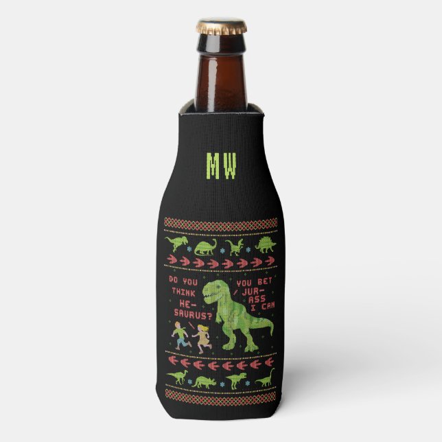 Funny Christmas T Rex Dinosaur Pun Humour Faux Kni Bottle Cooler (Bottle Front)