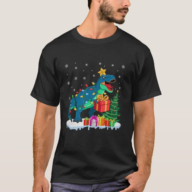 Funny Christmas T Rex Tree Lights Santa Hat Snowfl T-Shirt (Front)