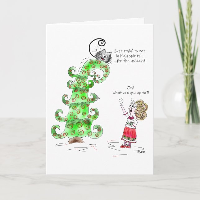 Funny Christmas Tree Cat Kitty cartoon Holiday Card (Front)